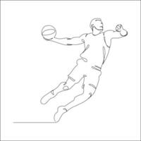Minimalist one-line drawing of a basketball player in mid-air making a slam dunk, showcasing movement, energy, and athleticism in a simple, elegant style. vector