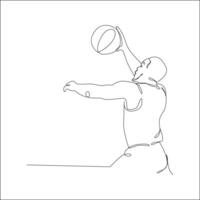 Line art of a male basketball player in mid-air, reaching up to shoot or dunk the ball with one hand in a minimalist and powerful pose. vector