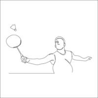 A minimalist line drawing depicts a male badminton player, racket in hand, with a shuttlecock in the air, poised for a shot. vector