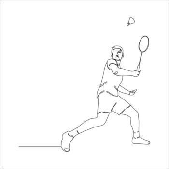 A minimalist line drawing depicts a badminton player in action, racket poised to hit a shuttlecock that is suspended in the air. vector