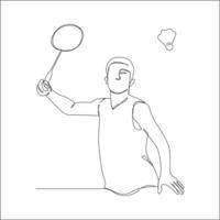 A minimalist line drawing depicts a male badminton player in a dynamic stance, racket poised to hit the shuttlecock. vector