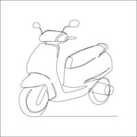 A minimalist line drawing depicts a scooter or moped in profile, showcasing its sleek curves and essential features against a plain white background. vector