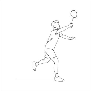 A minimalist line drawing depicts a male badminton player in a dynamic lunge, racket extended, as if reaching to hit a shuttlecock. vector