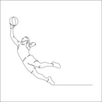 Line art of a basketball player leaping horizontally with one arm extended, about to dunk or layup the ball, capturing a moment of intense athleticism and motion. vector
