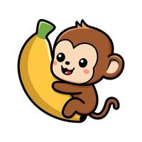 Cute Monkey Cartoon Character Hugging Big Banana vector