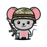 Cute Mouse Cartoon Character In Army Outfit With Rifle Gun vector