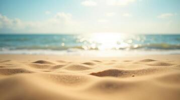 The serene image depicts a beach scene with shimmering sand and a calm sea. photo
