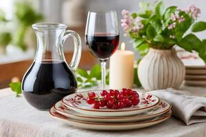 Elegant table setting with red currants, wine and candlelight photo