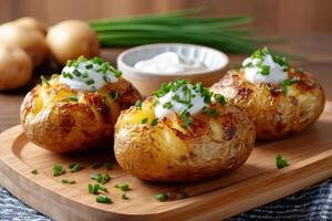 Oven-baked potatoes with sour cream and chives resting on wooden board photo