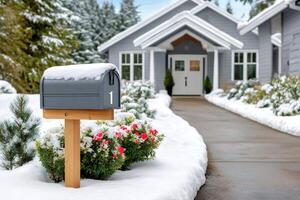 Snow covering mailbox and garden of a house during winter photo
