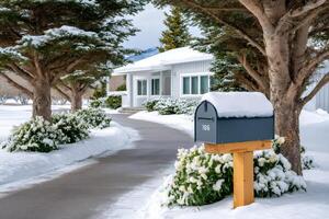 Snow covering mailbox in front of house during winter photo
