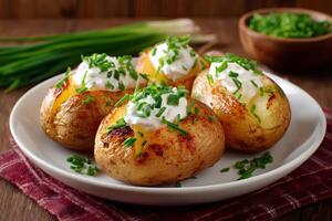 Baked potatoes with chives and sour cream on white plate photo