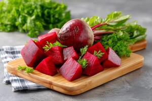 Fresh beetroots and parsley leaves resting on cutting board photo