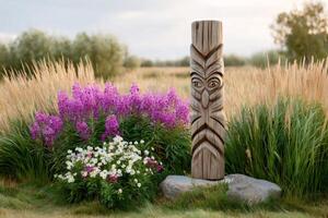 Wooden totem pole standing in a garden with flowers and ornamental grasses photo
