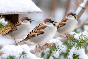 House sparrows perching on snowy pine tree branch near bird feeder photo