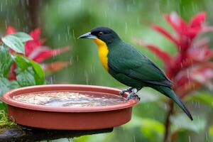 Euphonia laniirostris perched on bird feeder under tropical rain photo