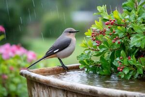 Bird enjoying the rain in a bird bath photo