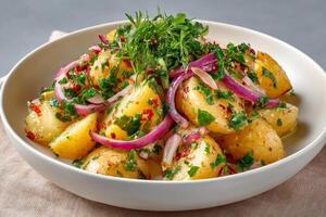 Warm potato salad with red onion, fresh dill and parsley resting in a white bowl photo