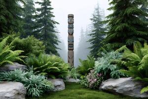 Totem pole standing in a mysterious foggy forest. photo