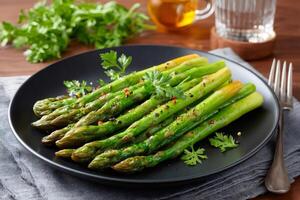 Grilled asparagus seasoned with salt and pepper lying on black plate photo