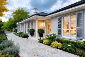 Modern house with a beautiful garden showing landscaping at dusk photo
