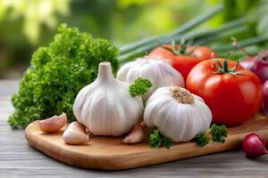 Fresh garlic, tomatoes, parsley and onions resting on a wooden cutting board photo