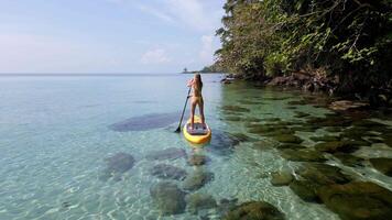 Drone view of woman paddleboarding along tropical coast with clear water, rocks, and jungle trees in Thailand. Perfect for adventure, eco travel, and wellness themes. video