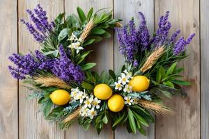 Beautiful decorative summer wreath with lavender, lemons and wheat on rustic wooden background photo