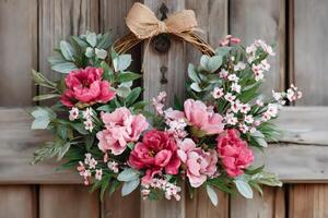 Beautiful pink peony and eucalyptus spring wreath hanging on rustic wooden door photo