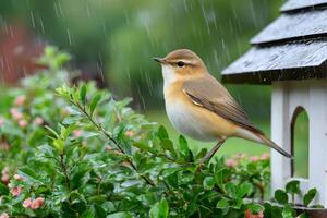 Beautiful bird enjoying the rain on a bush near a birdhouse photo