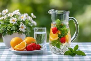 Refreshing detox water with strawberry, orange and mint in a glass pitcher on a garden table photo