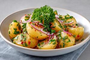 Potato salad with red onion, parsley and chili flakes dressing in a white bowl photo