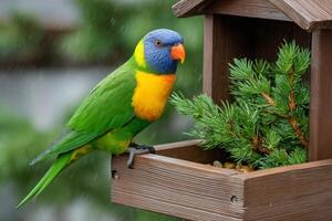 Colorful rainbow lorikeet perching on bird feeder during rain photo