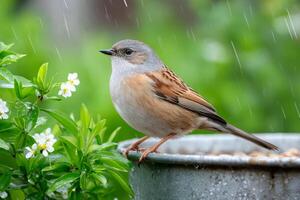 Dunnock perched on bird feeder under summer rain photo