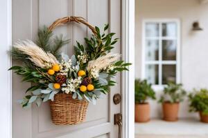 Decorative christmas wreath with oranges, pine cones and flowers hanging on a gray front door photo