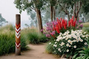 Aboriginal painted post marking a garden path with colorful flowers and eucalyptus trees photo