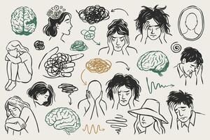 Mental health concept drawing with sad people brains and tangled thoughts vector