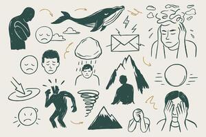 Doodle Illustration Depicting Mental Health Challenges and Emotional Distress with Drawings Sketches vector