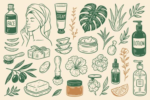 Hand drawn botanical skincare routine elements for beauty and wellness theme concept organic
