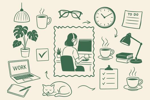 Cozy home office setup with worker at computer and study tools doodle art Workspace vector