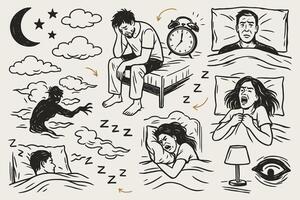 Disturbed slumber insomnia sleeplessness illustration featuring various sleeping and wakeful vector