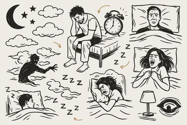 Disturbed slumber insomnia sleeplessness illustration featuring various sleeping and wakeful