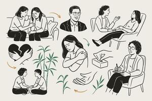 Mental health therapy sessions and support group conceptual line art illustration various vector