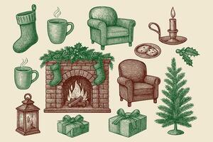 A cozy Christmas scene with a crackling fireplace, gifts, tree, cookies, and steaming cups of hot cocoa vector