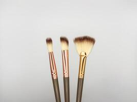 Set of flat top view of various professional female cosmetics brushes for makeup and eyelash brush isolated on white background, Cosmetics concept, Make up concept, Copy space image for your text. photo