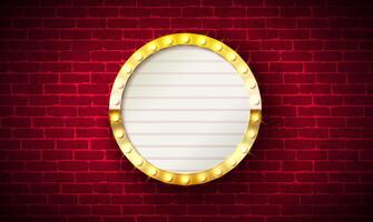 Retro Lightbox Banner Design with Glowing Light Bulb Frame Signboard Billboard on Vintage Brick Wall Background. Customizable Marquee Sign Illustration for Casino Advertising, Theater Show vector
