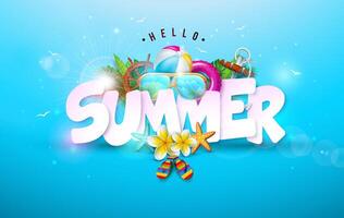 Hello Summer Holiday Banner Design with Flower, 3d Text Label and Colorful Beach Elements on Ocean Blue Background. Tropical Typography Lettering Illustration with Beach Ball, Sunglasses and vector