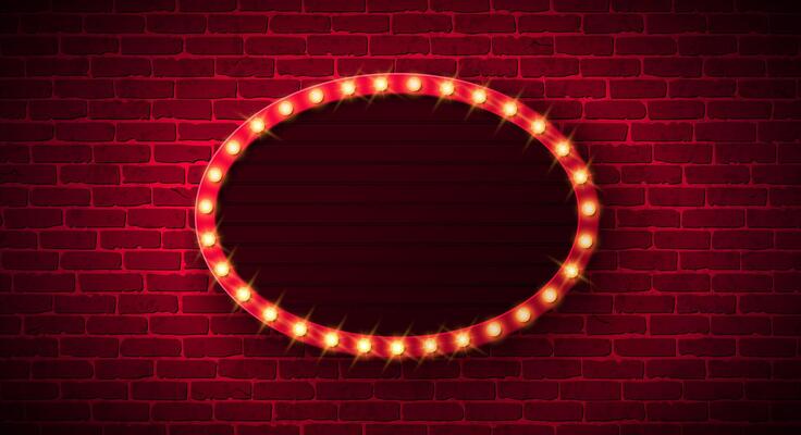 Retro Signboard Lightbox Banner Design with Glowing Light Bulb Frame Billboard on Vintage Brick Wall Background. Customizable Marquee Sign Illustration for Casino Advertising, Theater Show