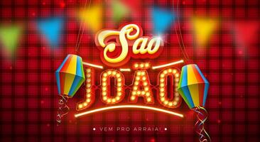 Festa Junina Banner Illustration with Party Flags, Paper Lantern and Sao Joao Light Bulb Billboard Letter on Red Checkered Background. Brazil June Festival Design Template for Post Card vector