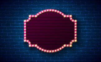 Retro Lightbox Signboard Banner with Glowing Light Bulb Frame Billboard on Vintage Brick Wall Background. Customizable Marquee Sign Design for Casino Advertising, Theater Show vector